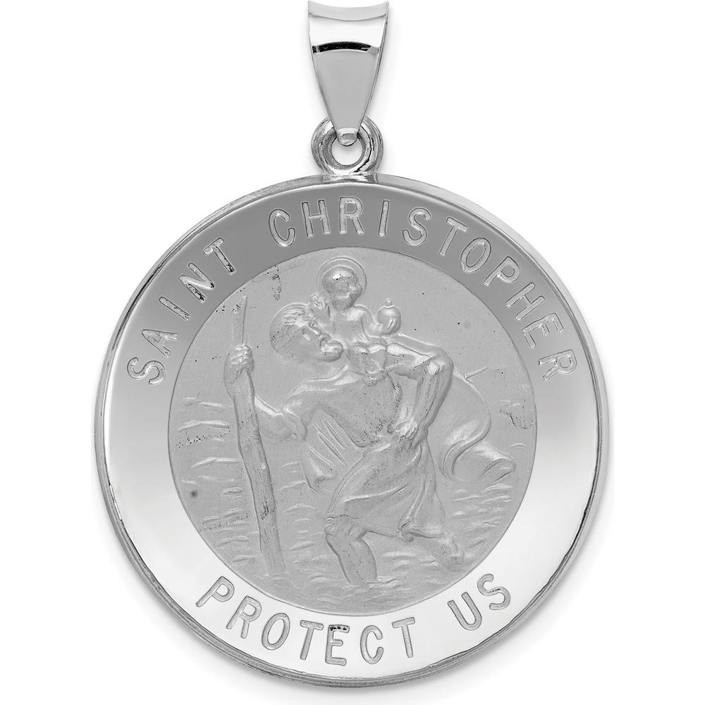 14K White Gold Polished and Satin Saint Christopher Pendant with Hollow Design - 29.5mm by Oro Pregiato