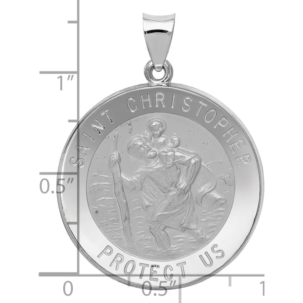 14K White Gold Polished and Satin Saint Christopher Pendant with Hollow Design - 29.5mm by Oro Pregiato