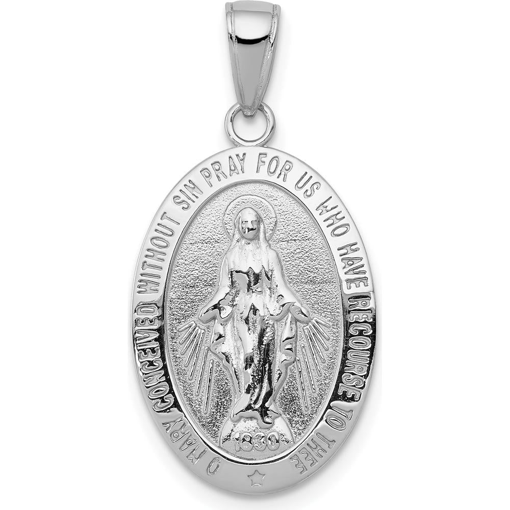 14K White Gold Polished and Satin Solid Miraculous Medal Oval Pendant - Rhodium Plated, 29mm by Oro Pregiato