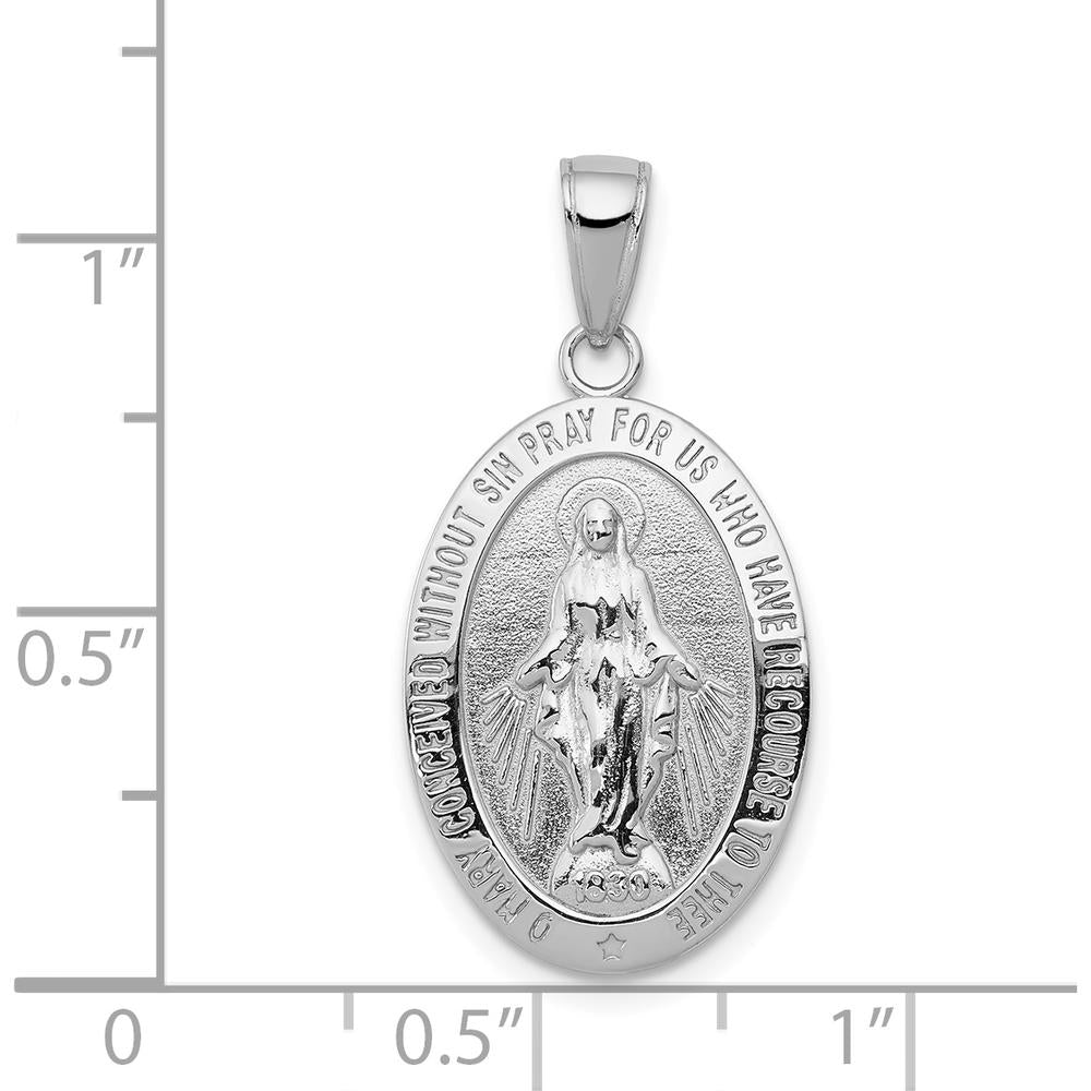 14K White Gold Polished and Satin Solid Miraculous Medal Oval Pendant - Rhodium Plated, 29mm by Oro Pregiato