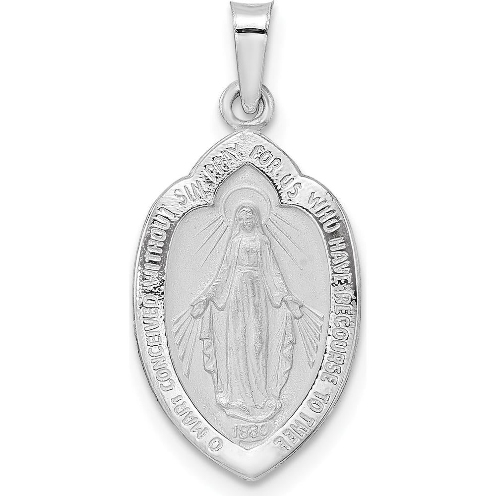 14K White Gold Polished and Satin Solid Miraculous Medal Pendant - 24.6mm Length by Oro Pregiato