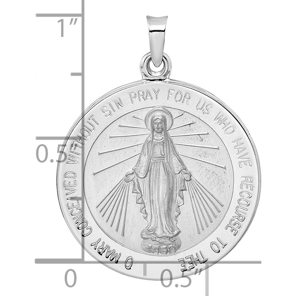 14K White Gold Polished and Satin Solid Miraculous Medal Round Pendant - Reversible Design by Oro Pregiato