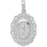 14K White Gold Polished and Satin Solid Miraculous Medal Scalloped Edge Oval Pendant by Oro Pregiato