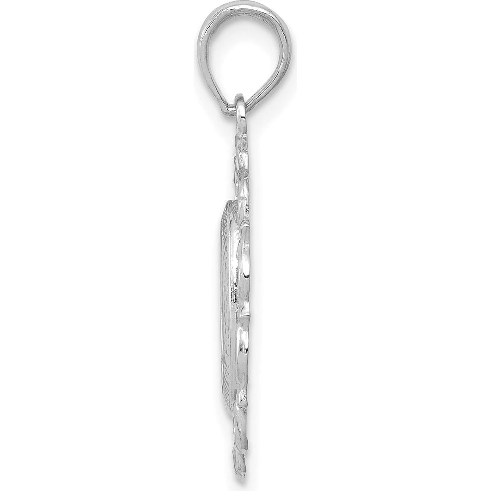 14K White Gold Polished and Satin Solid Miraculous Medal Scalloped Edge Oval Pendant by Oro Pregiato
