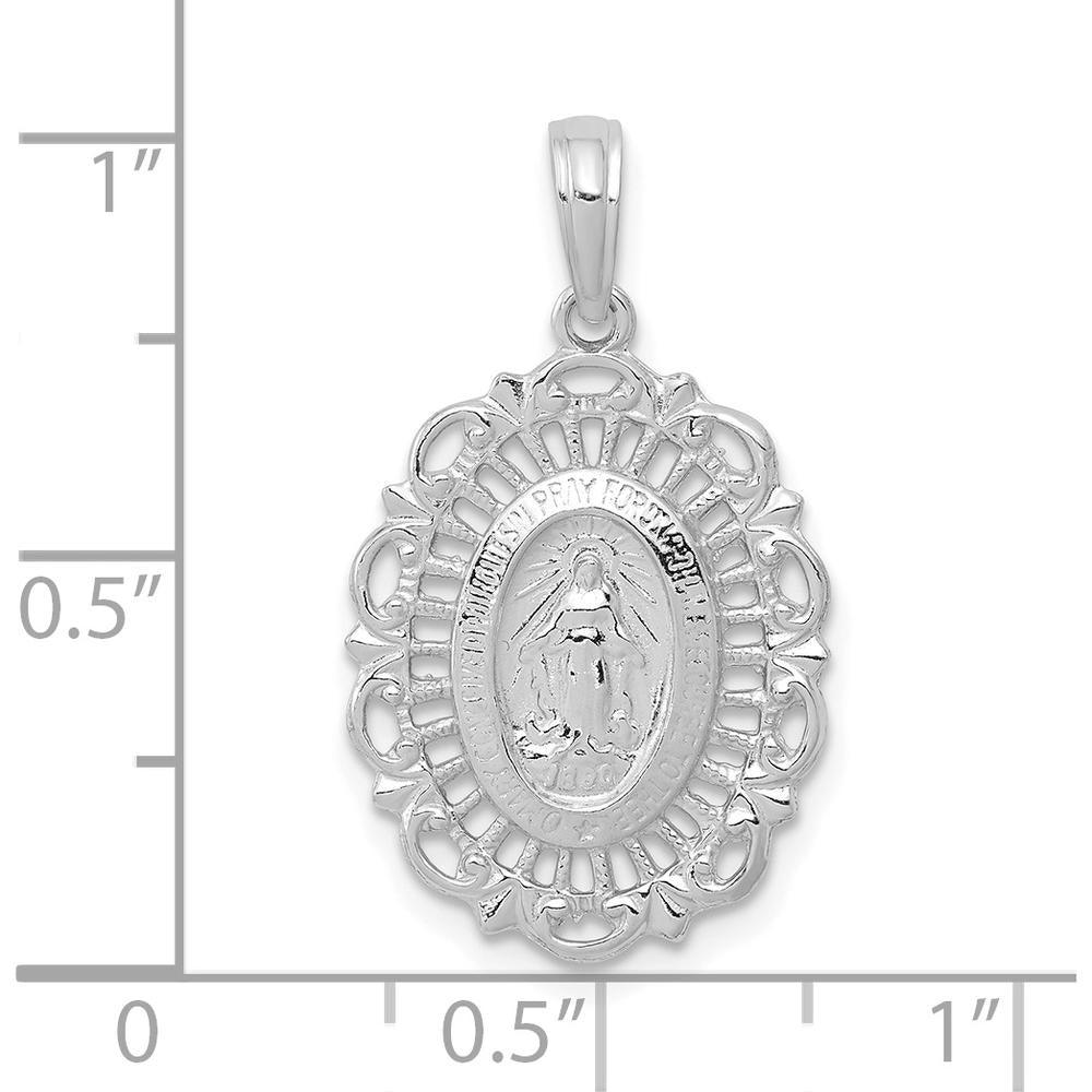 14K White Gold Polished and Satin Solid Miraculous Medal Scalloped Edge Oval Pendant by Oro Pregiato
