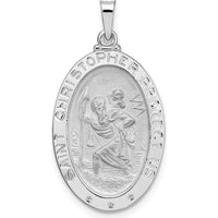 14K White Gold Polished and Satin Solid Saint Christopher Medal Oval Pendant with Rhodium Plating by Oro Pregiato
