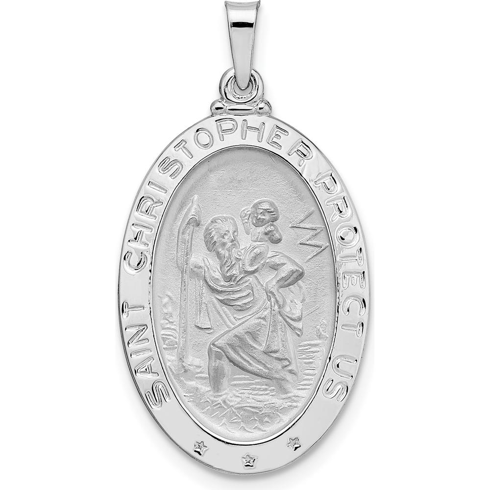 14K White Gold Polished and Satin Solid Saint Christopher Medal Oval Pendant with Rhodium Plating by Oro Pregiato