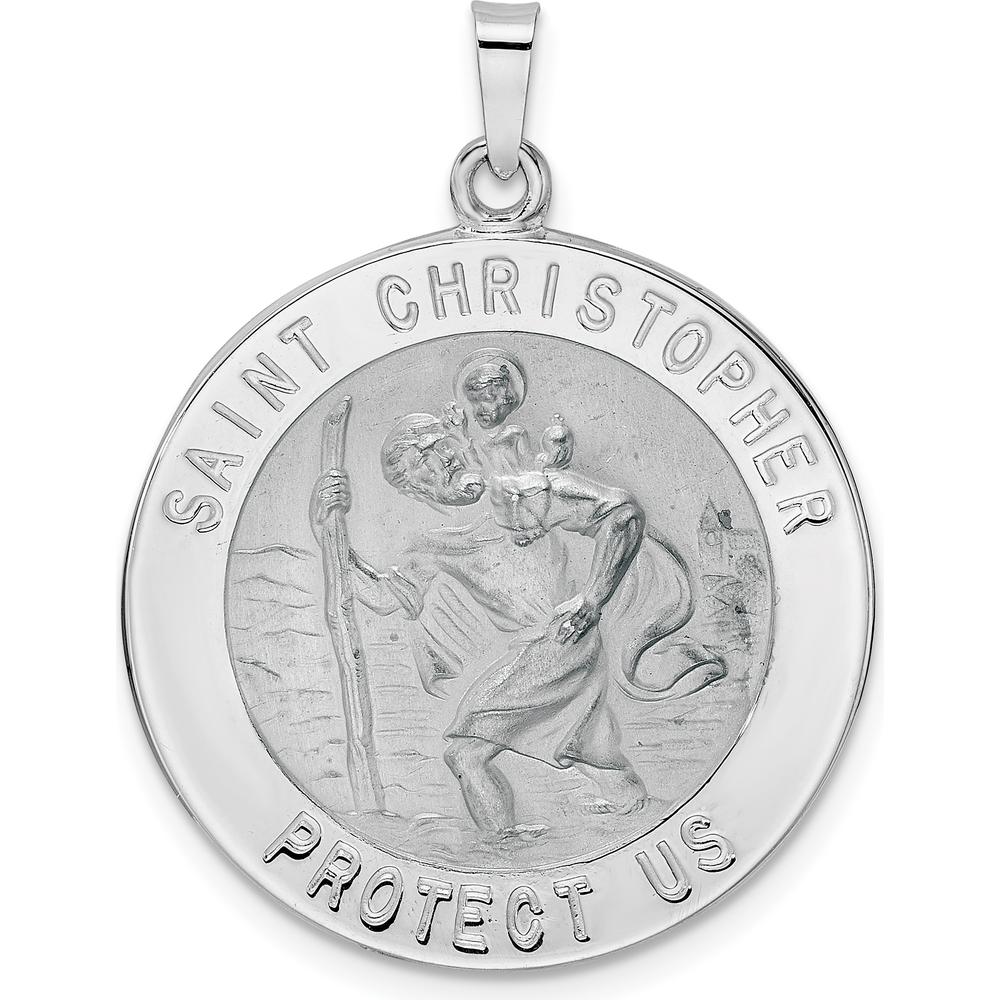 14K White Gold Polished and Satin Solid Saint Christopher Medal Pendant - 33.5mm Length by Oro Pregiato