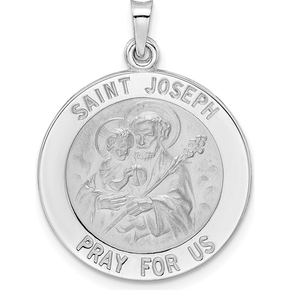 14K White Gold Polished and Satin Solid Saint Joseph Medal Round Pendant - 28.9mm Length by Oro Pregiato