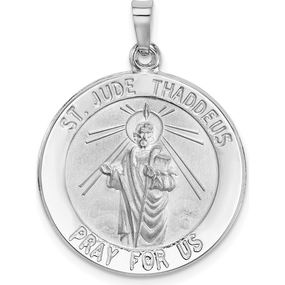 14K White Gold Polished and Satin Solid Saint Jude Thaddeus Medal Round Pendant by 0