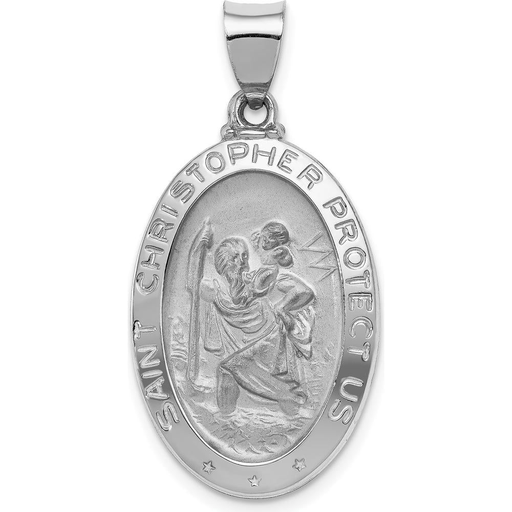 14K White Gold Polished and Satin St. Christopher Medal Oval Pendant - 33.5mm Length by Oro Pregiato