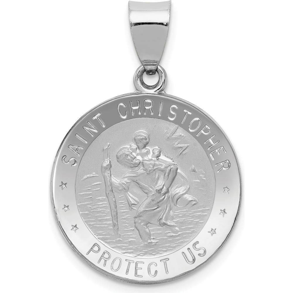 14K White Gold Polished and Satin St. Christopher Medal Pendant - 29mm by Oro Pregiato