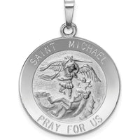14K White Gold Polished and Satin St. Michael Round Medal Pendant - 30mm Length, 22mm Width by Oro Pregiato