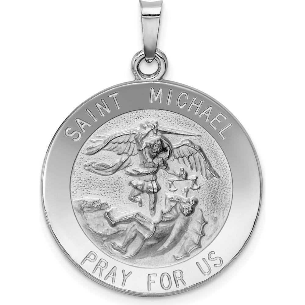 14K White Gold Polished and Satin St. Michael Round Medal Pendant - 30mm Length, 22mm Width by Oro Pregiato