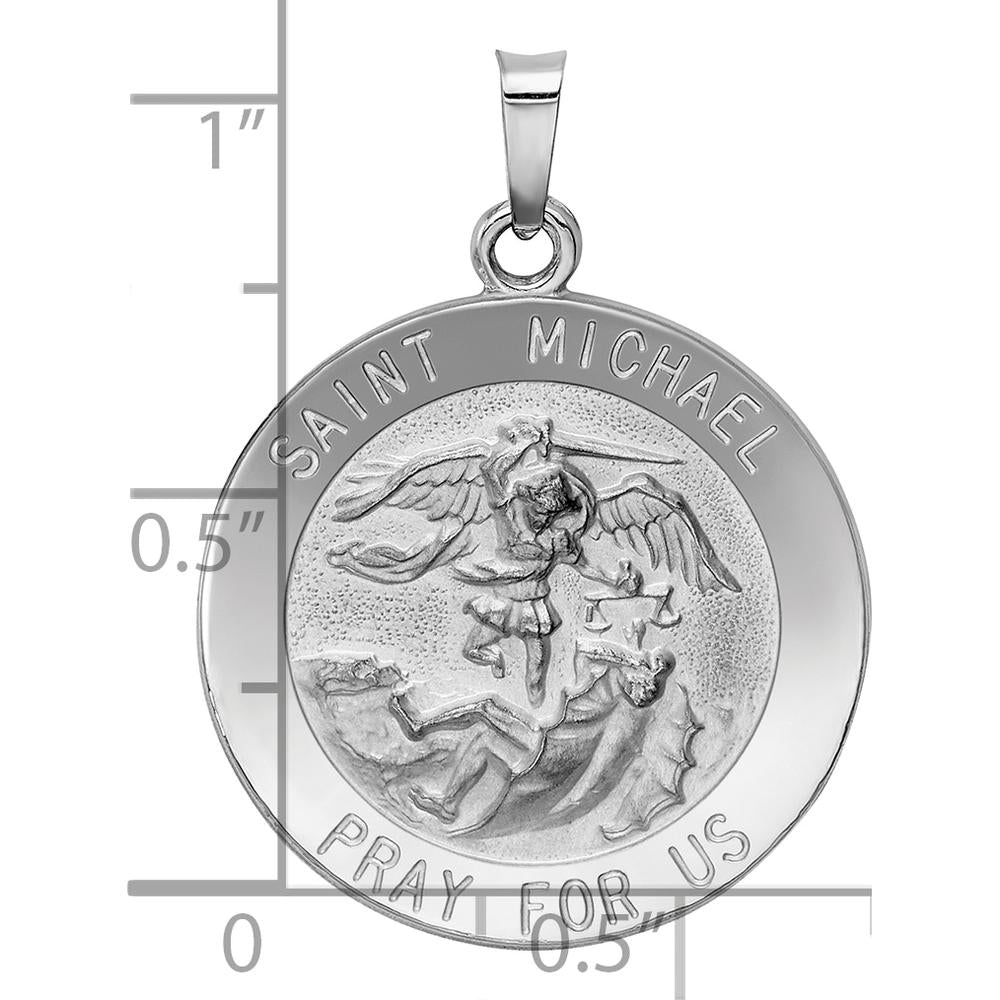 14K White Gold Polished and Satin St. Michael Round Medal Pendant - 30mm Length, 22mm Width by Oro Pregiato