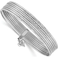 14K White Gold Polished and Textured 7-Strand Bangle Bracelet with Dangle Heart Charm - 11mm Width by Oro Pregiato
