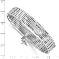 14K White Gold Polished and Textured 7-Strand Bangle Bracelet with Dangle Heart Charm - 11mm Width by Oro Pregiato