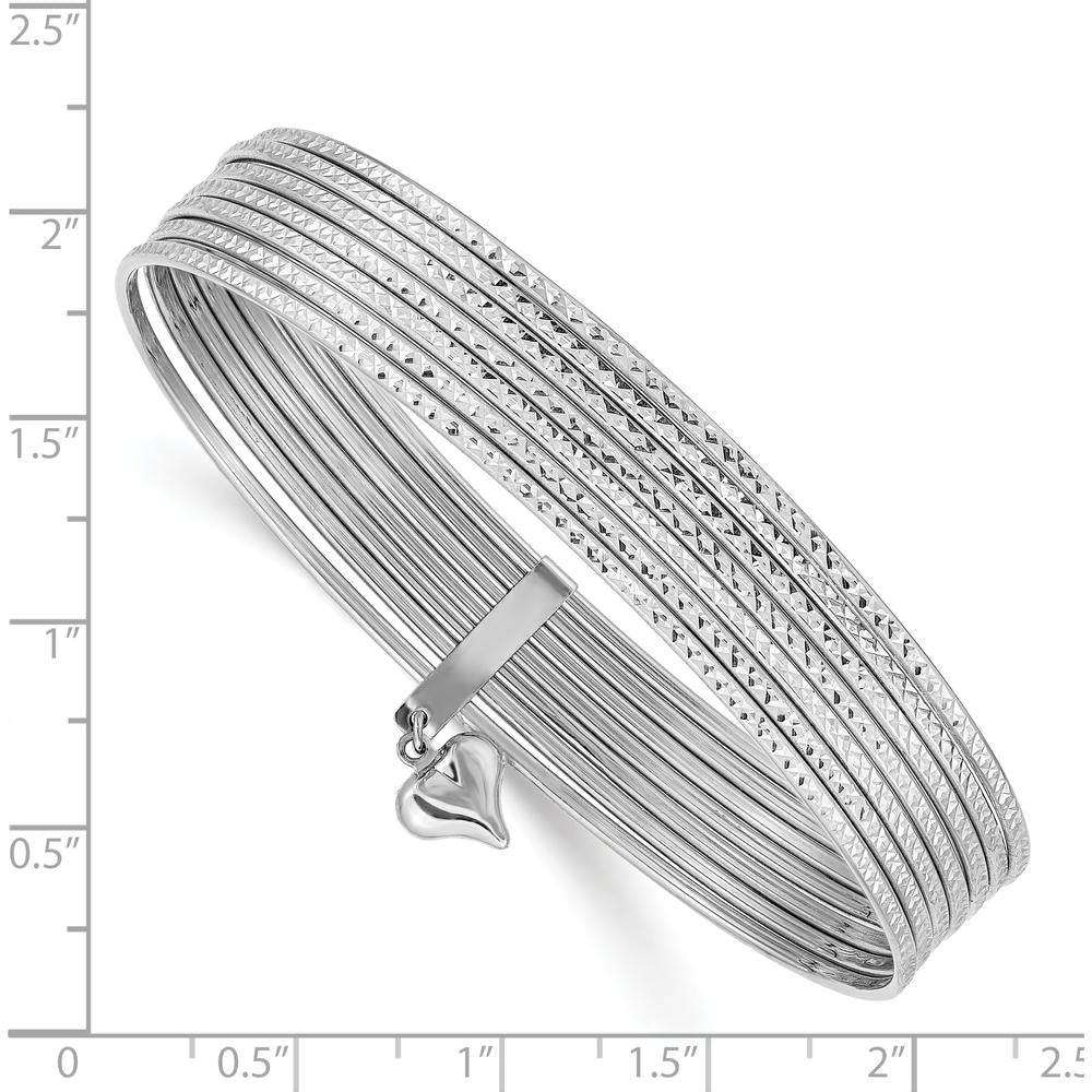 14K White Gold Polished and Textured 7-Strand Bangle Bracelet with Dangle Heart Charm - 11mm Width by Oro Pregiato