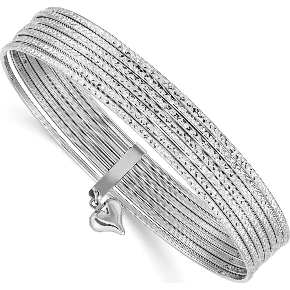 14K White Gold Polished and Textured 7-Strand Bangle with Dangle Heart Charm - Rhodium Plated by Oro Pregiato
