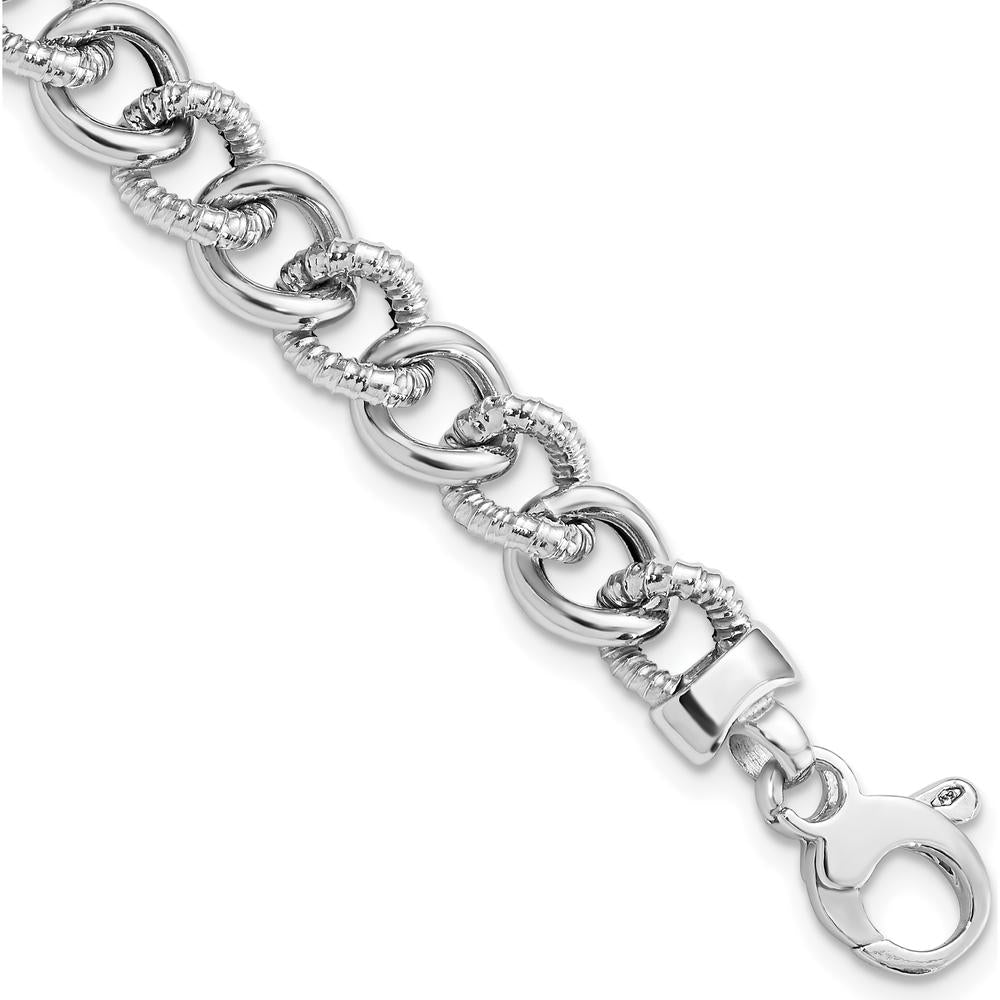 14K White Gold Polished and Textured 8mm Curb Link Bracelet - 7.75" Length by Oro Pregiato
