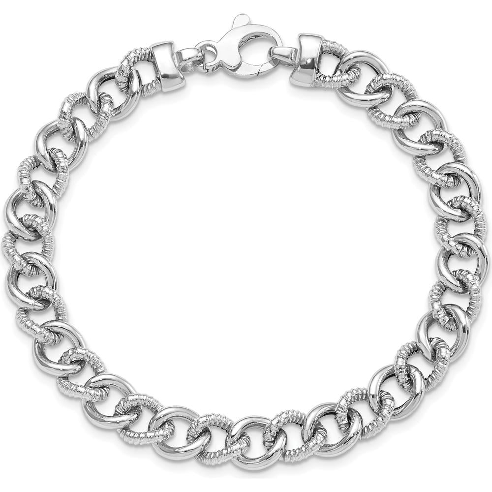 14K White Gold Polished and Textured 8mm Curb Link Bracelet - 7.75" Length by Oro Pregiato