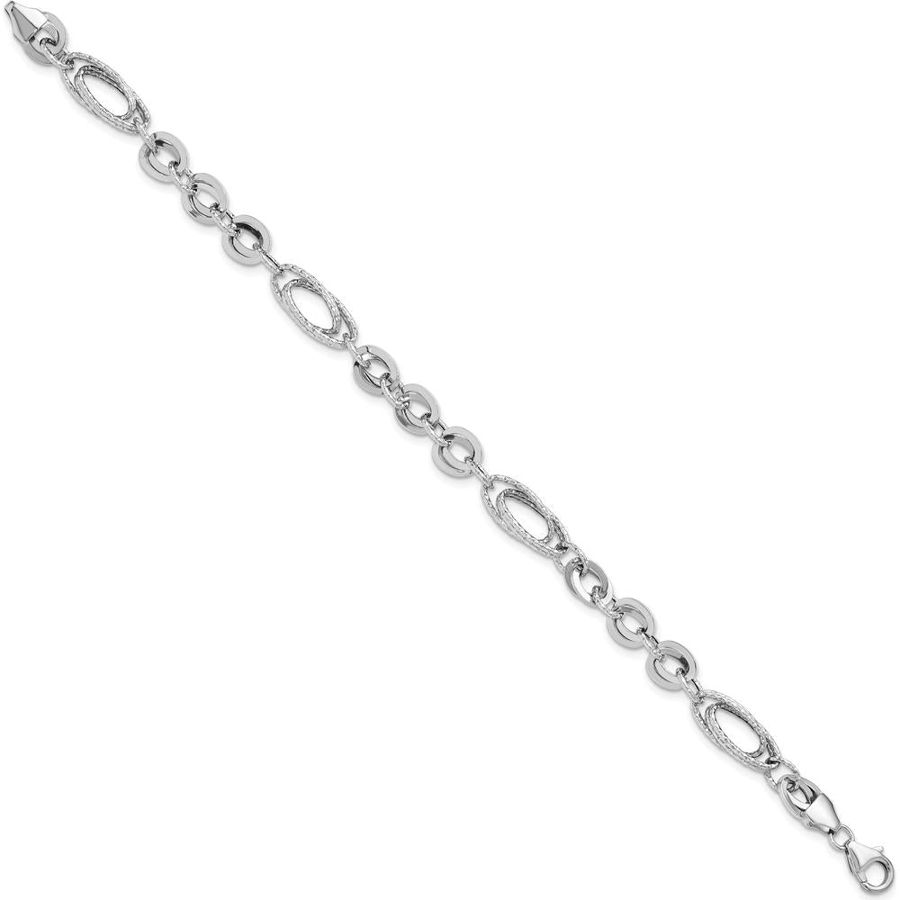 14K White Gold Polished and Textured 8mm Oval Fancy Link Bracelet - 7.75" Length by 0