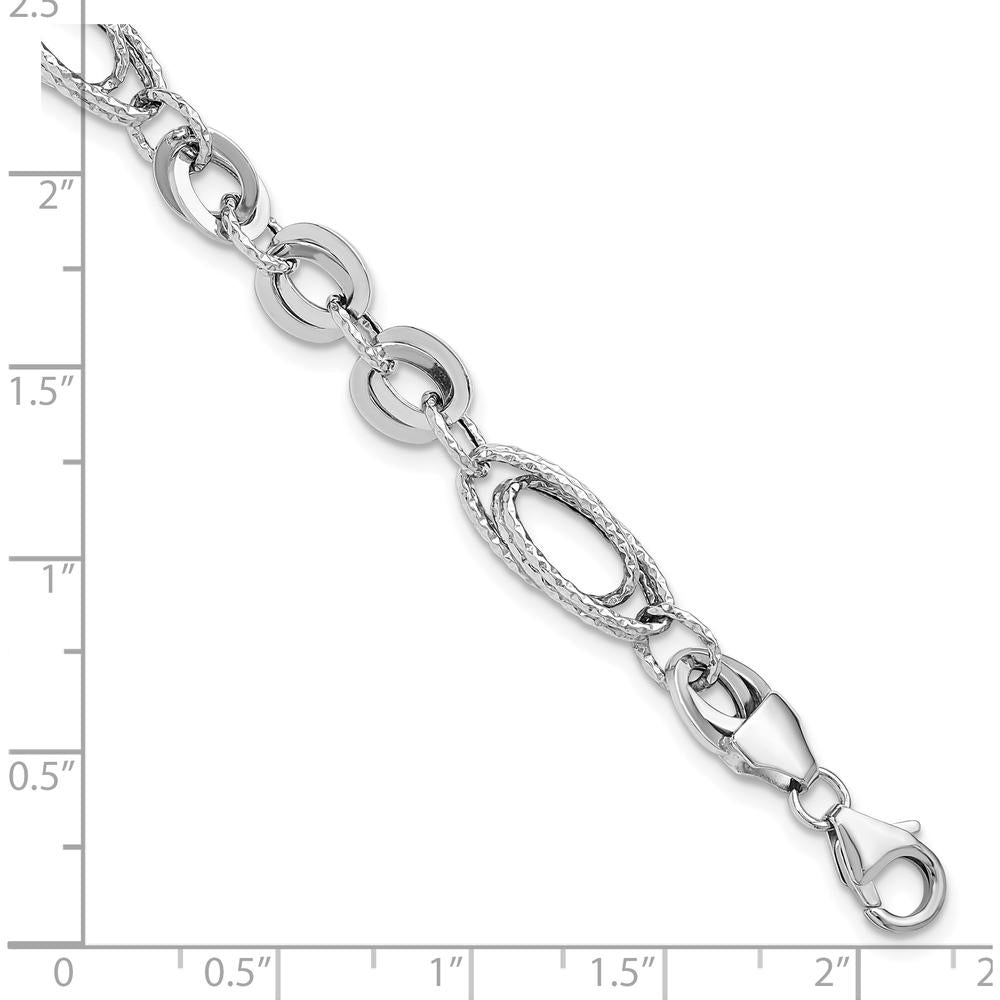 14K White Gold Polished and Textured 8mm Oval Fancy Link Bracelet - 7.75" Length by 0
