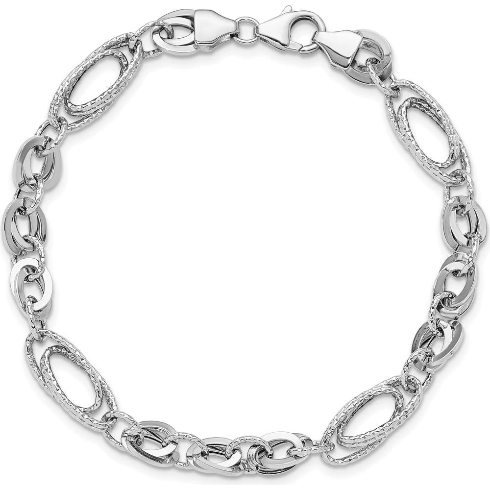 14K White Gold Polished and Textured 8mm Oval Fancy Link Bracelet - 7.75" Length by 0