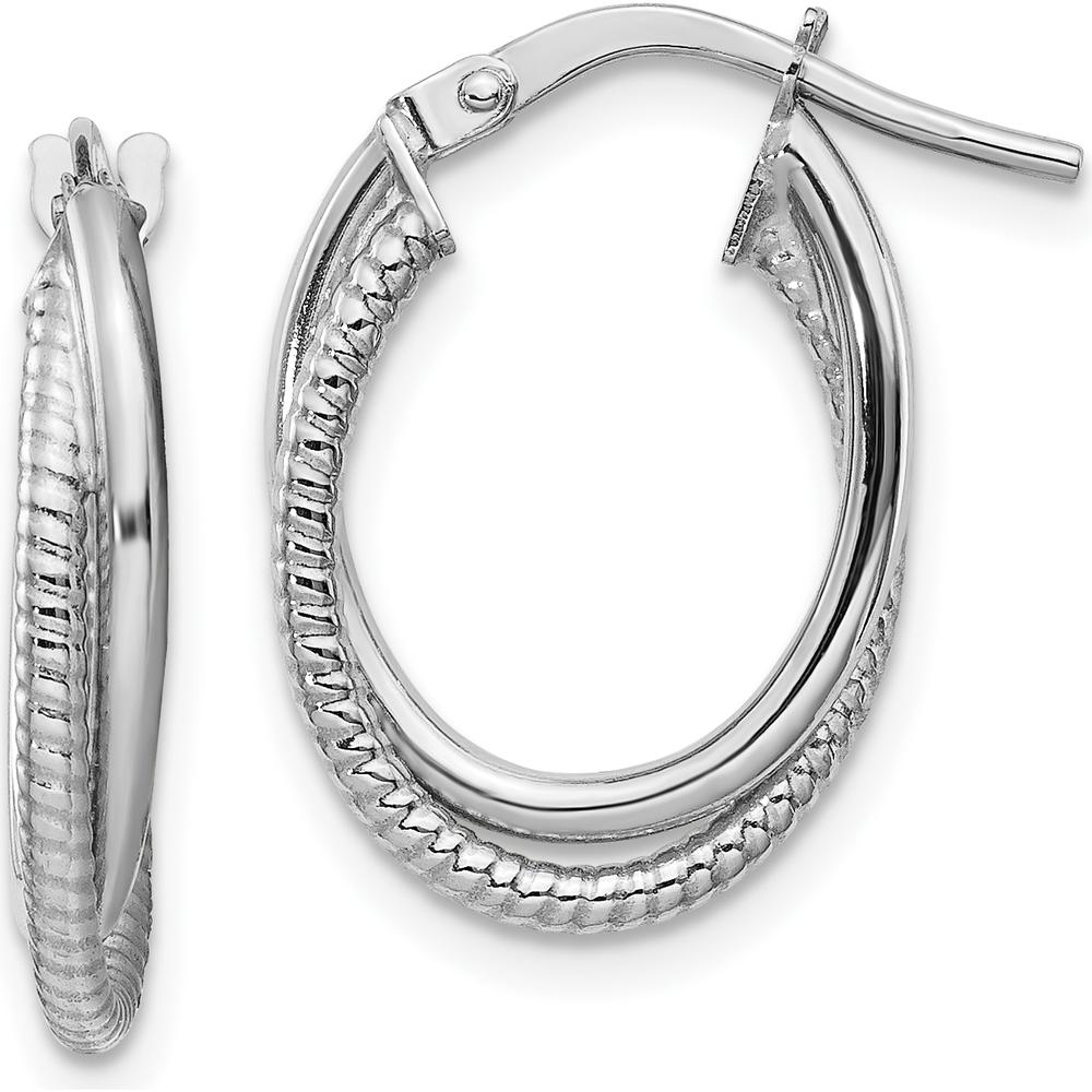 14K White Gold Polished and Textured Double Oval Hoop Earrings - Timeless Design by 0