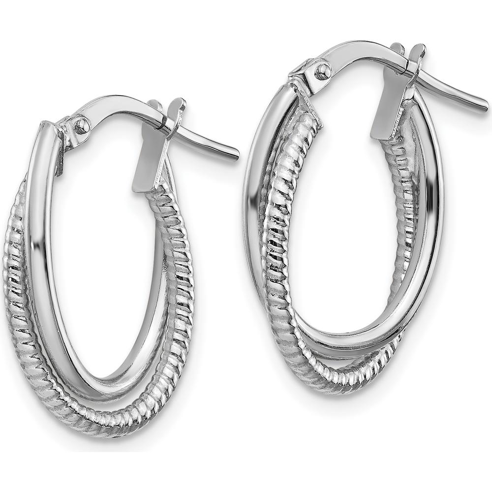 14K White Gold Polished and Textured Double Oval Hoop Earrings - Timeless Design by 0