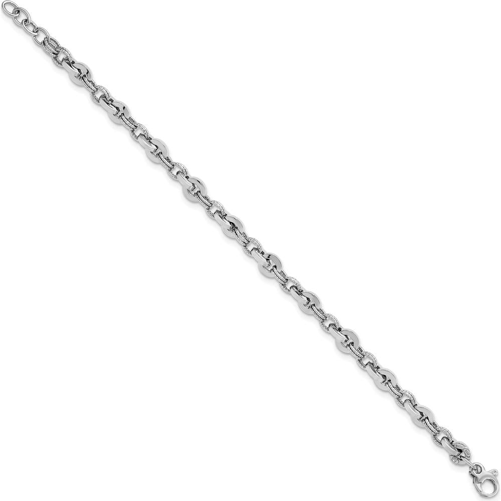 14K White Gold Polished and Textured Fancy Link Bracelet - 8" Length by Oro Pregiato