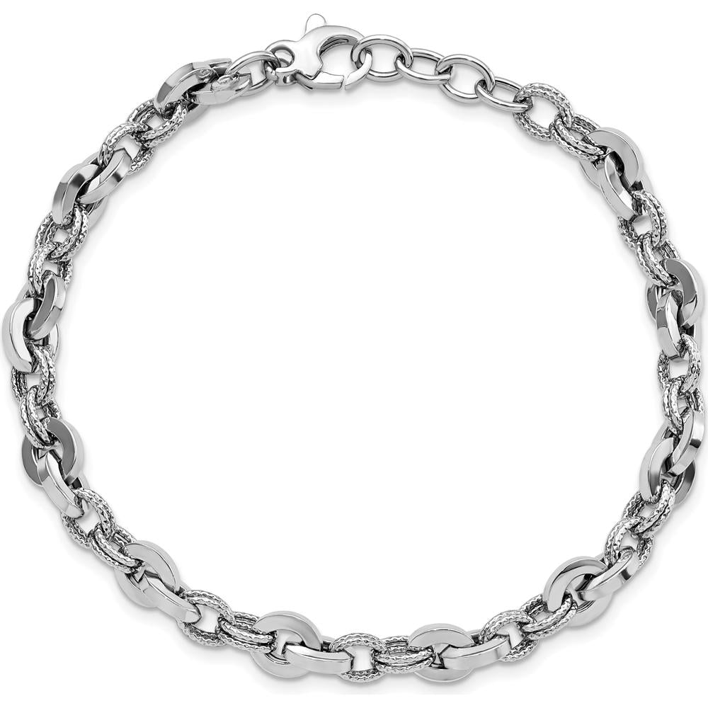 14K White Gold Polished and Textured Fancy Link Bracelet - 8" Length by Oro Pregiato