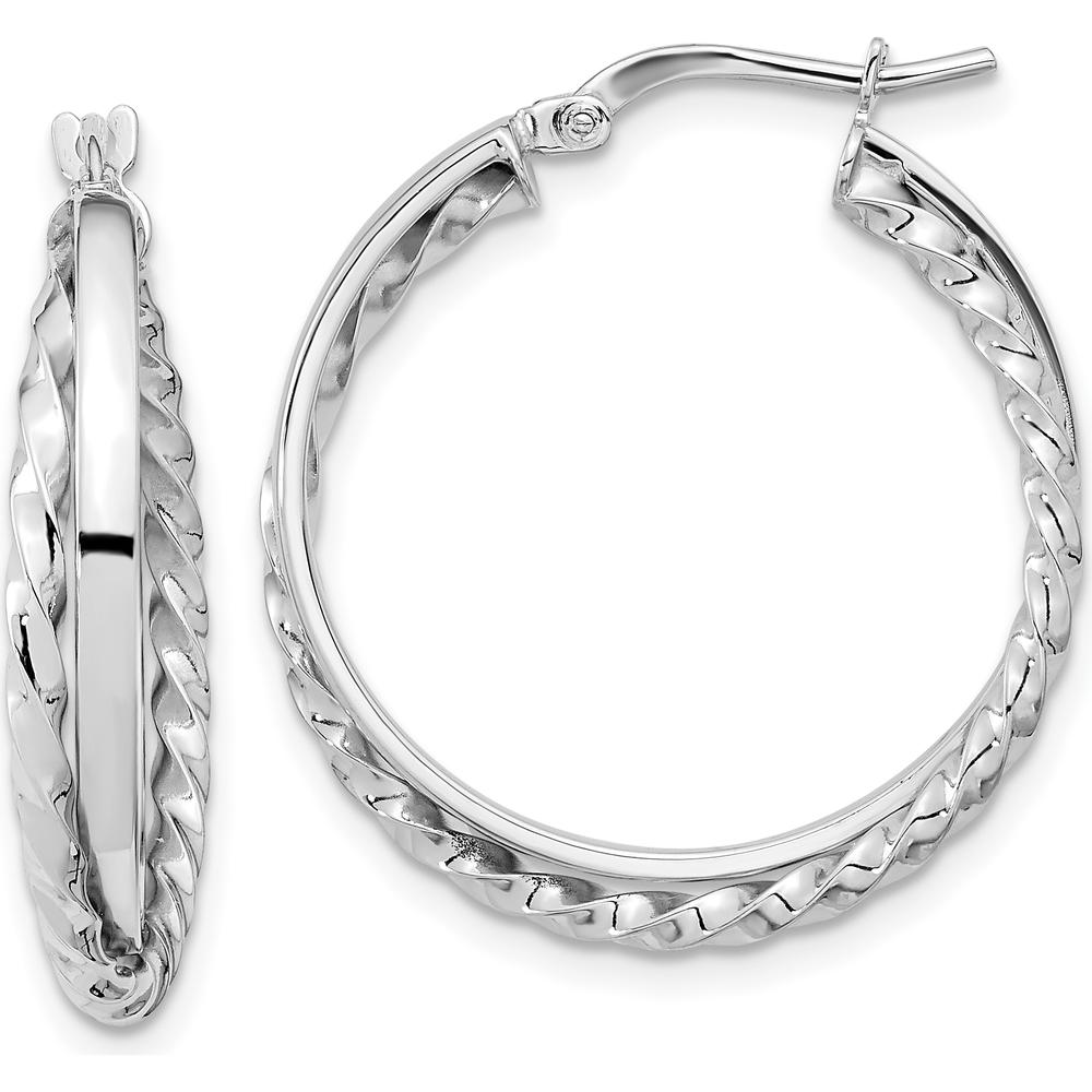 14K White Gold Polished and Textured Large Hoop Earrings with Hinged Closure by 0