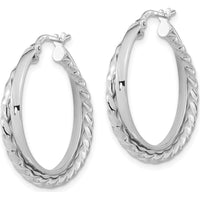 14K White Gold Polished and Textured Large Hoop Earrings with Hinged Closure by 0