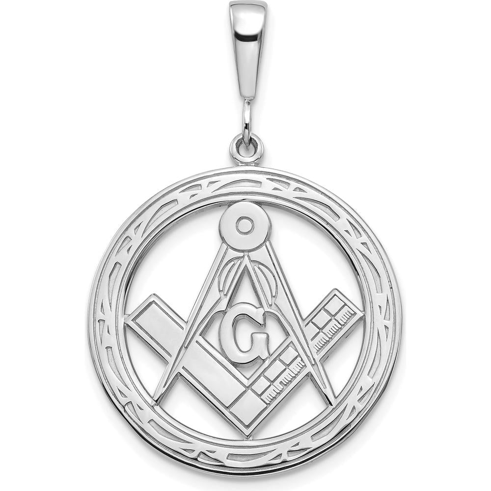 14K White Gold Polished and Textured Masonic Symbol Pendant with Rhodium Plating - 28mm Length by IBGoodman
