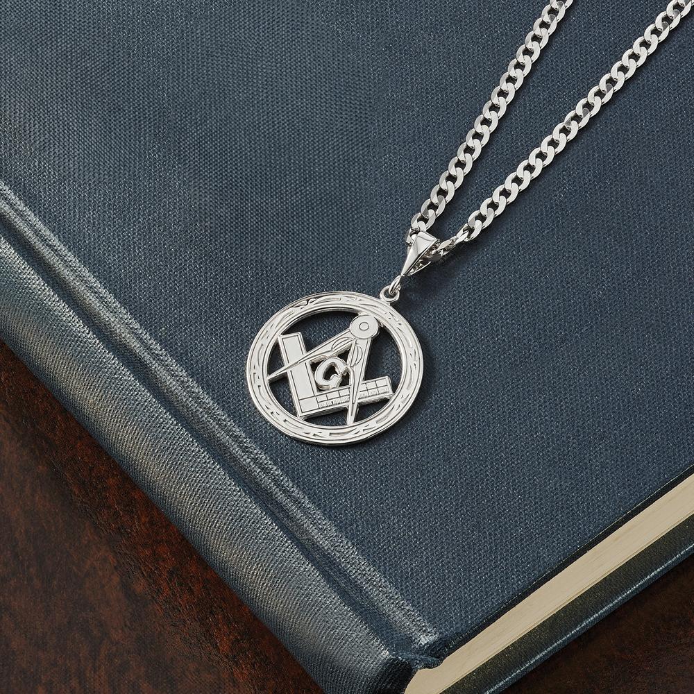 14K White Gold Polished and Textured Masonic Symbol Pendant with Rhodium Plating - 28mm Length by IBGoodman