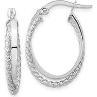 14K White Gold Polished and Textured Oval Hinged Hoop Earrings by 0