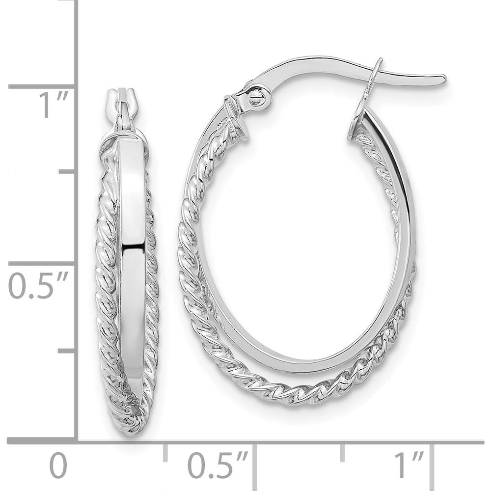 14K White Gold Polished and Textured Oval Hinged Hoop Earrings by 0