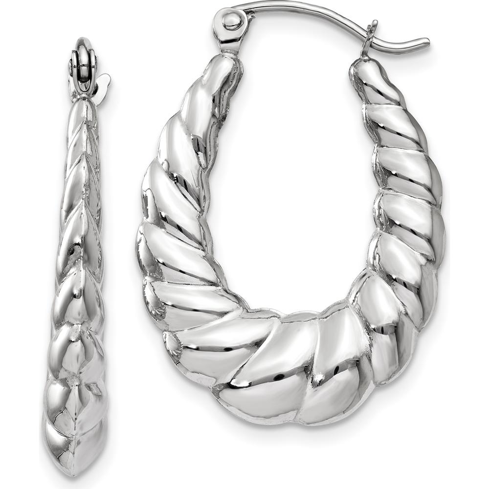 14K White Gold Polished and Textured Oval Hoop Earrings - 24mm Length by 0