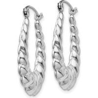 14K White Gold Polished and Textured Oval Hoop Earrings - 24mm Length by 0