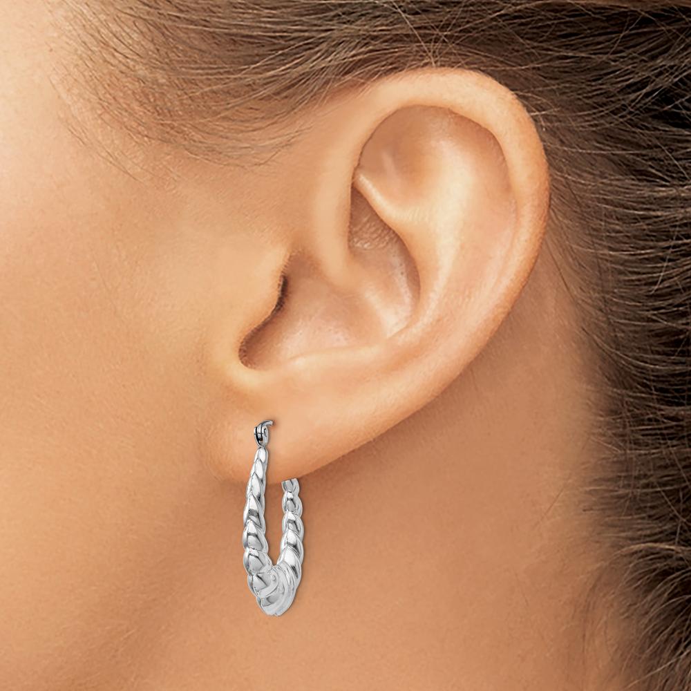 14K White Gold Polished and Textured Oval Hoop Earrings - 24mm Length by 0
