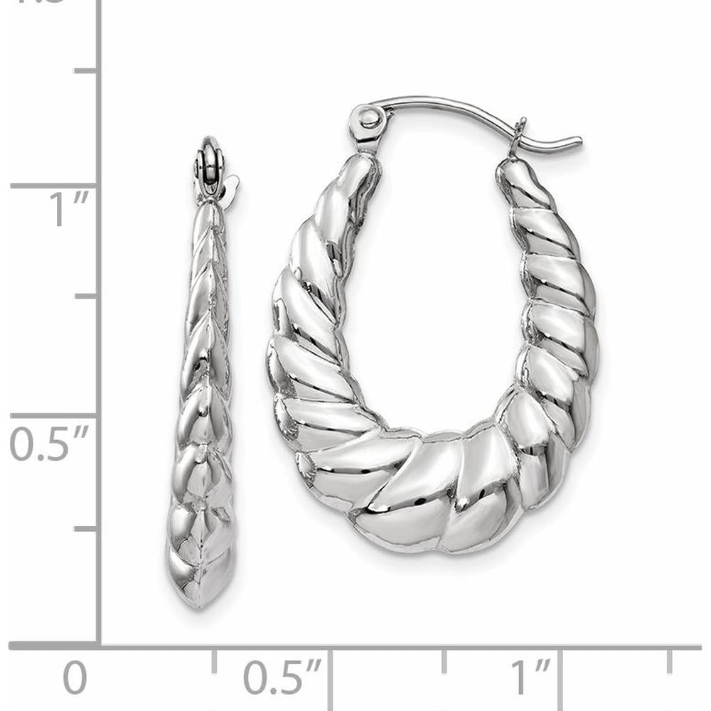 14K White Gold Polished and Textured Oval Hoop Earrings - 24mm Length by 0