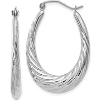 14K White Gold Polished and Textured Oval Hoop Earrings - 32mm Length by 0