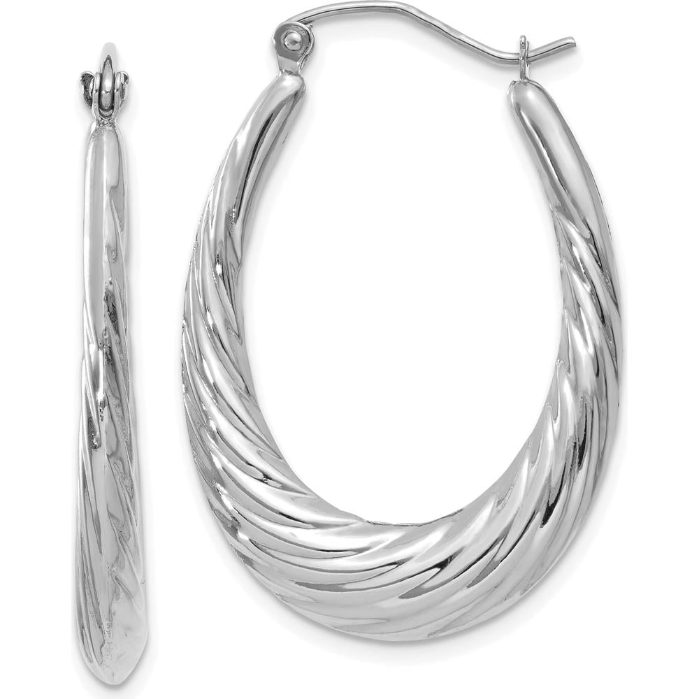 14K White Gold Polished and Textured Oval Hoop Earrings - 32mm Length by 0