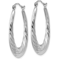 14K White Gold Polished and Textured Oval Hoop Earrings - 32mm Length by 0