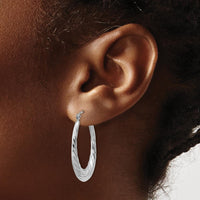 14K White Gold Polished and Textured Oval Hoop Earrings - 32mm Length by 0