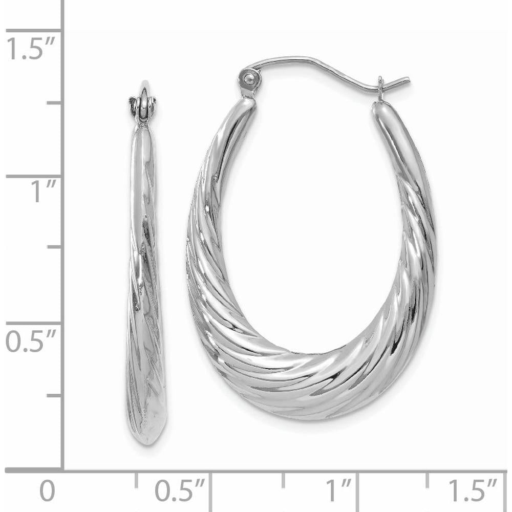 14K White Gold Polished and Textured Oval Hoop Earrings - 32mm Length by 0