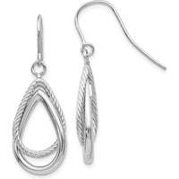 14K White Gold Polished and Textured Teardrop Drop Earrings with Shepherd Hook Design by 0