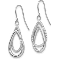 14K White Gold Polished and Textured Teardrop Drop Earrings with Shepherd Hook Design by 0