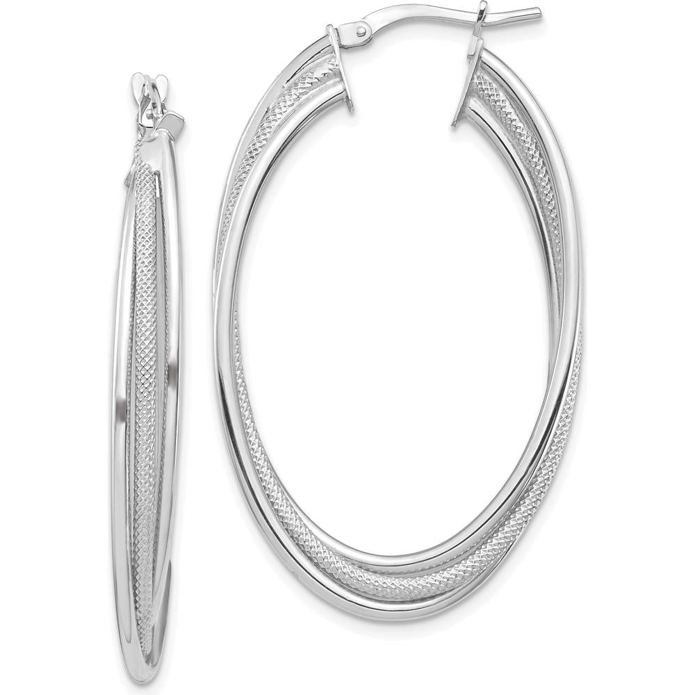14K White Gold Polished and Textured Twisted Fancy Oval Hoop Earrings - Lightweight and Rhodium Plated by 0